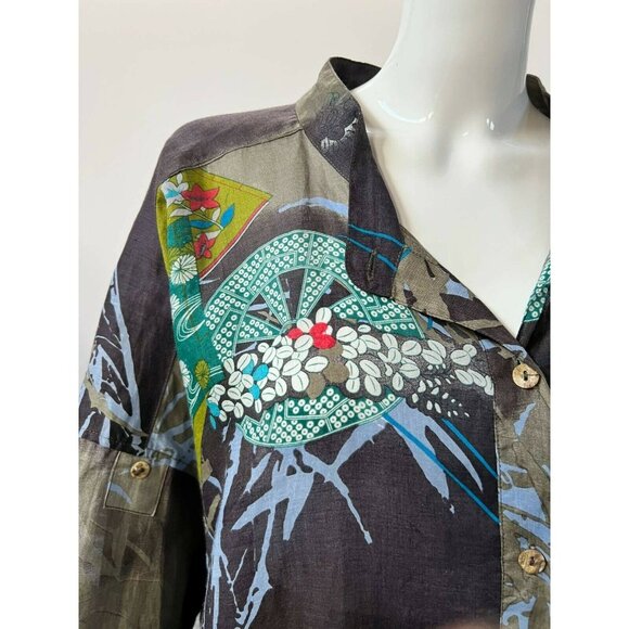 Citron Bohemian Kimono Shirt With Artistic Floral Print & Button Closure Sz 1X - Picture 9 of 12
